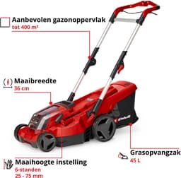 Einhell Accu Grasmaaier RASARRO 36/36 Li Kit - Power X-Change - 36 V/Li-ion - Maaibreedte 36 cm - Aanbevolen gazonoppervlakte: tot 400 m² - 45 L opvangbak - Maaihoogte: 25-75 mm - Incl. 2x 3.0 Ah Plus accu en 2 opladers — thumbnail 2