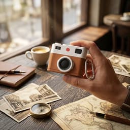 Bruin wit hoesje voor oordopjes unisex in retro camera vorm met karabijnhaak geschikt voor AirPods Pro 3 met leerlook structuur en reliëf details — thumbnail 4