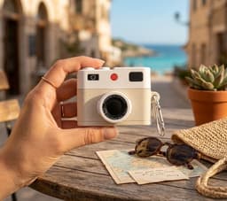 Wit hoesje voor oordopjes unisex in retro camera vorm met karabijnhaak geschikt voor AirPods 4 met reliëf details en compact ontwerp — thumbnail 4