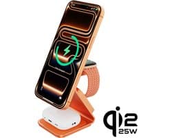 Cubenest 3-in-1 SQ314 - Qi2.2 aluminium draadloze oplader - compatibel met Magsafe - draadloze oplader voor Apple Watch, AirPods, iPhone 12- 17 (Alle modellen) - Qi2.2-apparaten - totaal vermogen 35 W - Oranje