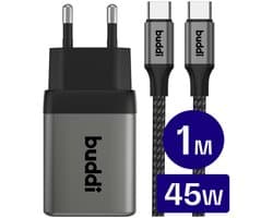 Buddi Power 45W Oplader met 1 Meter USB-C Kabel | USB-C Adapter en Kabel | Fast Charge en GaN | Snellader voor Smartphone en Tablet | Compact en Stevig | Grijs