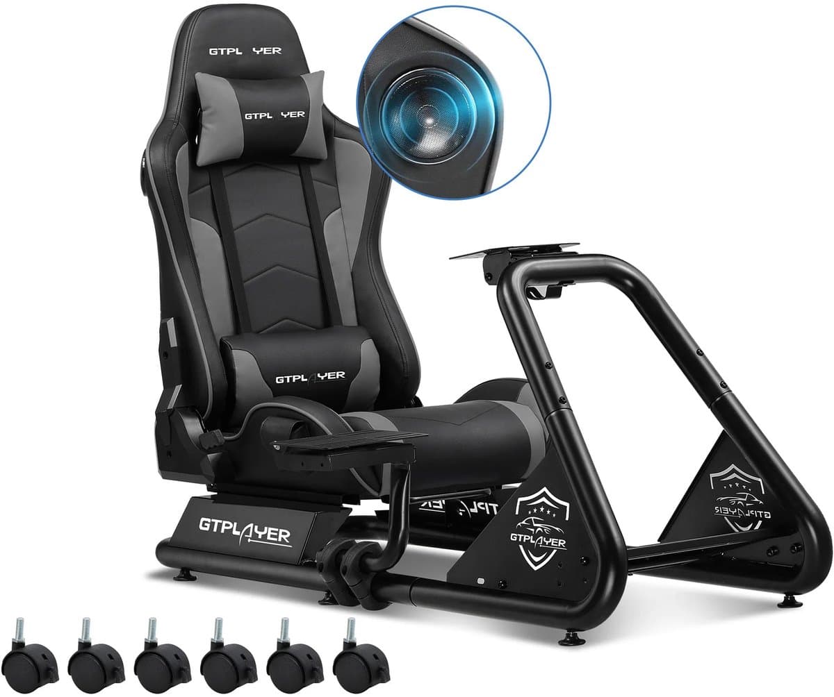 DoneMore® - Racing simulator cockpit - sim racing stoel met stuurstandaard - verstelbaar en opvouwbaar - met luidsprekers - zwart — afbeelding 1