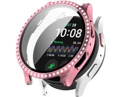 Hoesje Geschikt voor Samsung Galaxy Watch 7 40MM - Bumper Case met Ingebouwde Tempered Glass Screen Protector - Rhinestone Roze