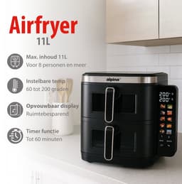 alpina Dubbele Airfryer XXL - Air Fryer 11L - Heteluchtfriteuse met 2 Manden - Duo Oven voor 8 Personen - Opvouwbaar Display - Timerfunctie tot 60 Minuten - Temperatuur 60-200°C - Zwart — thumbnail 7