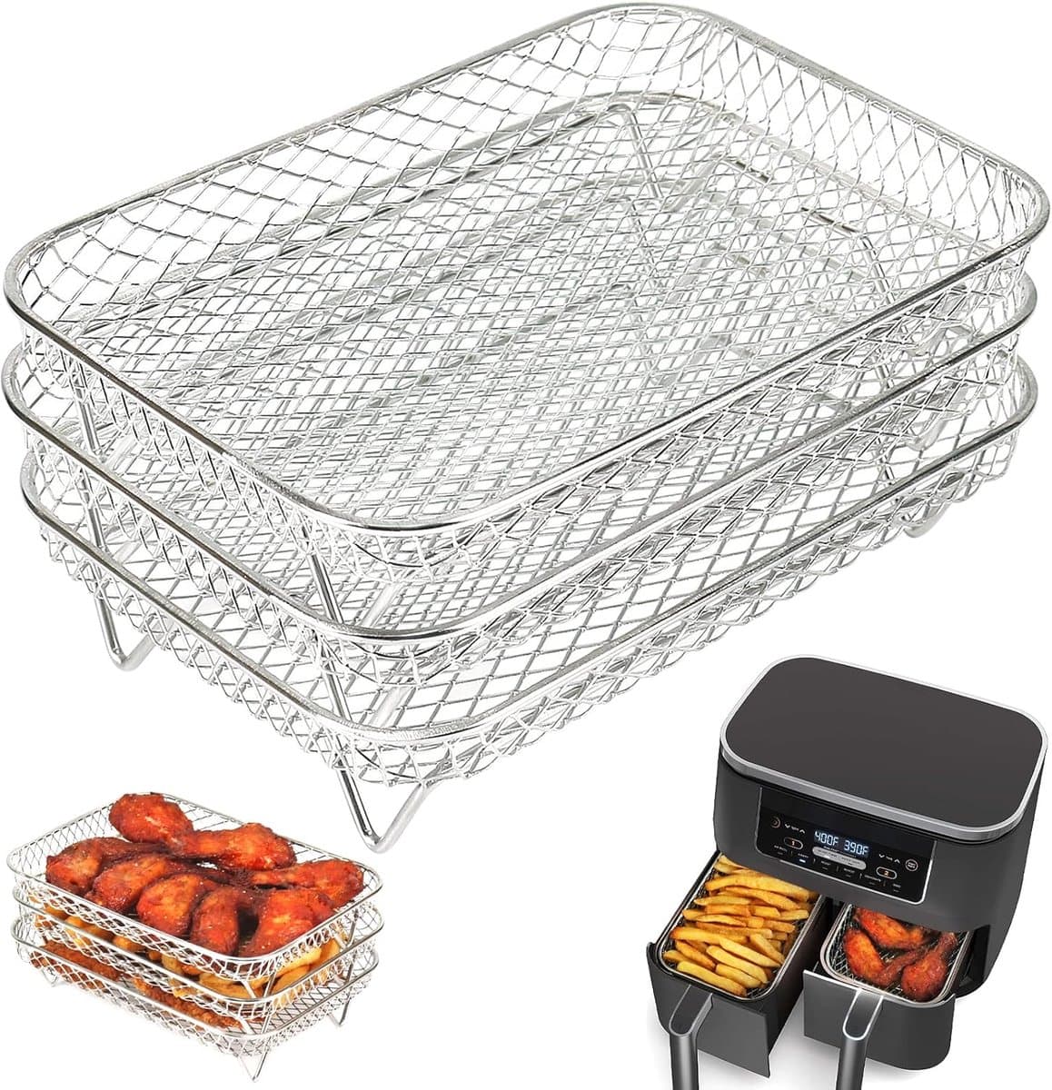 Geschikt voor Ninja Airfryer Rack Dual Airfryer - Airfryer Accessoires Set - 3 stuks stapelbare roestvrijstalen dehydrator rack - rechthoekige accessoires voor dubbele airfryer - Geschikt voor Ninja Dual Airfryer accessoires — afbeelding 1