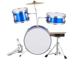 3-delig Kinder Drumstel – 14 Inch Beginner Drumset met Verstelbare Zit, Becken, Pedalen – 20 cm Tom, 25 cm Snare, 35 cm Bass Drum – Starterset voor Kinderen – Blauw