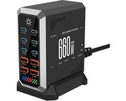DrPhone GaNForce2 10-Poorts HUB USB Laadstation - 200W – GaN3 Laad Technologie - 6x USB-C + 4x USB-A – 2x 140W PD3.1 Snellader – Voor o.a Laptop, MacBook, iPhone 15-16 Series, Samsung, iPad, N-Switch – Multiport Oplader met Beveiliging - Zwart