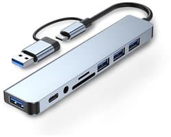 Gloovon® - 8-in-1 USB C Hub - USB Splitter - 1 x USB 3.0 - 3 x USB 2.0 - 1 x USB-C - 1 x MicroSD en SD-Kaartsleuf - 1 x 3.5mm Jack - Geschikt voor Macbook Pro / Air / Windows / Universeel - Blauw Titanium