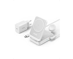 Anker MagGo 3-in-1 Draadloos Oplaadstation - 15W Wireless Charger - Qi2-gecertificeerd - Voor telefoons, smartwatches en oordopjes - Inklapbaar en Compact Ontwerp - Inclusief 40W USB-C Adapter - Wit