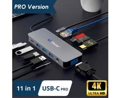 11 in 1 USB-C Hub - Docking Station – Laptop - Docking Station USB-C 3.0 – USB-C 100W opladen - 2x 4K HDMI - 1x VGA - Ethernetport