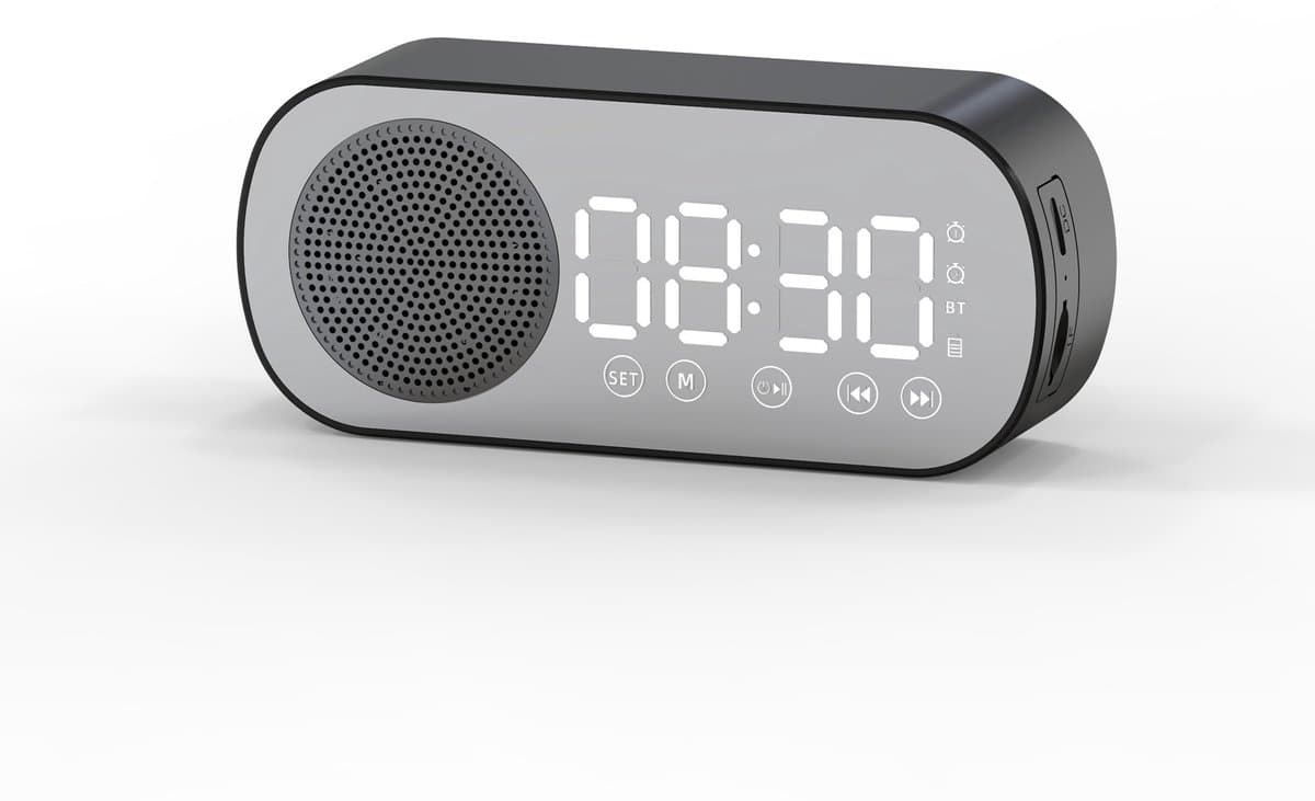 Wekkerradio - wekkerradio op netstroom - wekker kind - wekkers digitaal - wekker analoog - digitale wekker - digitale wekker slaapkamer - bluetooth speaker - luidspreker - spiegel met licht - draagbare radio - Zwart - 1 stuk — afbeelding 1