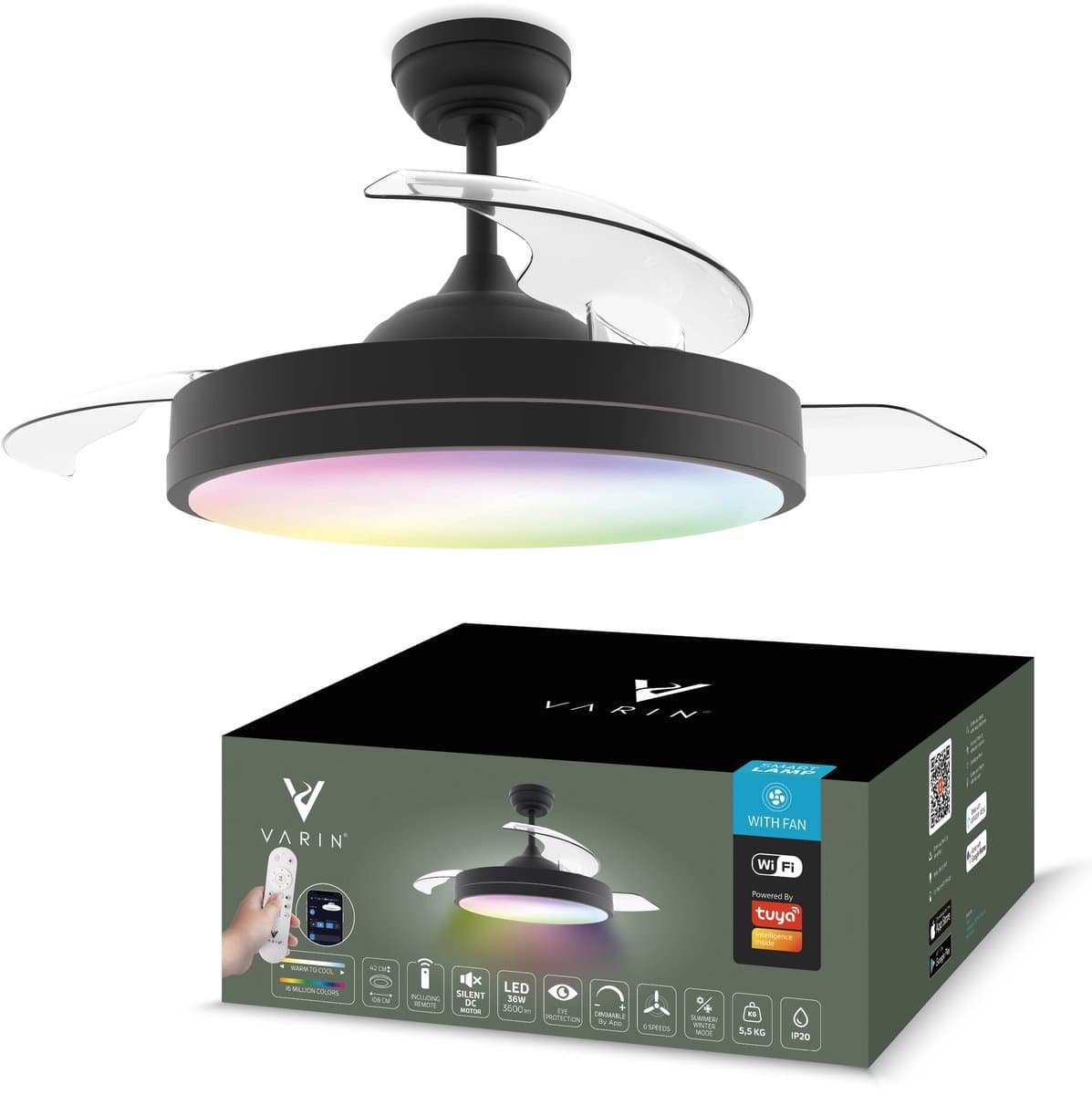 Varin® Smart Ventilator met verlichting - Zwart - Tuya Wifi - LED RGBW - Ø 50cm/108cm - 30W DC - Super stil - Smart lamp - Plafondlamp slaapkamer - Plafonniere woonkamer - Plafondlampen - Plafond lamp - Verlichting kinderkamer - Ventilator — afbeelding 1