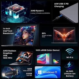 Zakelijke Laptop 14 Inch 2K IPS Scherm - AMD Ryzen 5 16GB RAM - 512GB SSD - Windows 11 - Lichtgewicht Notebook — thumbnail 4