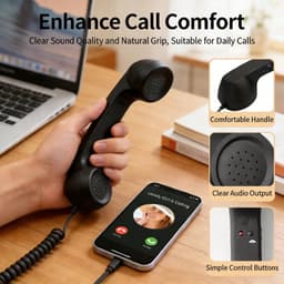 Retro Telefoonhoorn - Geschikt voor iPhone & Android - USB-C Bedrade Telefoonhoorn met Microfoon - Vintage Handset voor Bellen, Videogesprekken, Vergaderingen & Online Conferenties - Zwart — thumbnail 4