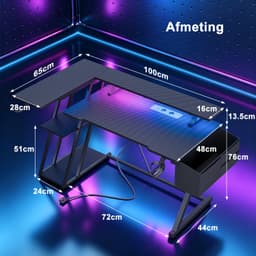 Gaming Bureau met LED Verlichting - 100 X 88 X 65 cm - L-Vormig Hoekbureau met Stopcontacten - Compact Game Bureau - Rek met 3 Niveaus - Met Monitor Standaard - Zwart Koolstofvezel — thumbnail 2