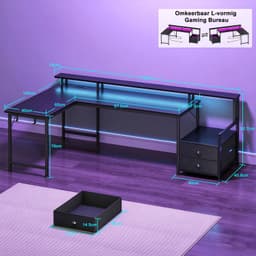 Gaming Bureau met LED Verlichting - 166L x 93H x 100B cm - L-Vormig Hoekbureau met Stopcontact - Met USB en Type-C-poort - 2 Non Woven Lade - Met IJzeren Haak - Gaming Desk - Gaming Computer Tafel met Monitorstandaard - Zwart — thumbnail 2