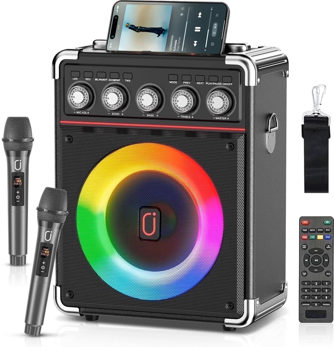 Karaoke Set Volwassenen – Draagbare Bluetooth Speaker Partybox – 2 Draadloze Microfoons – Bluetooth 5.0 – 16.5cm Subwoofer – 3D Geluid & Afstandsbediening — afbeelding 1