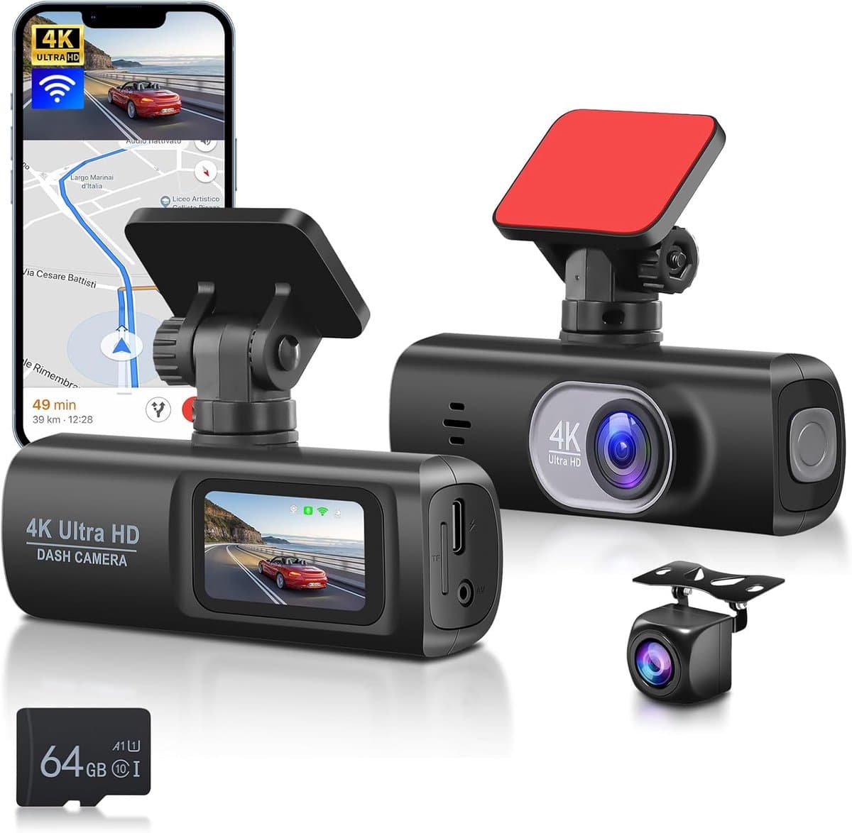 Dashcam voor en achter auto, dual front en binnenruimte autocamera 64G-kaart, FHD 1080p 3,16 inch IPS-scherm, dashcam G-sensor, parkeermonitor loop-opname, nachtzicht — afbeelding 1