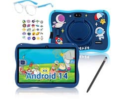 BOSWELL Kindertablet - Kinder Tablet - Kids Tablet - 7 inch - Kindertablet vanaf 3 jaar - Opslag tot 128GB - Android 14 - Ouderlijk Toezicht - Incl. Blauwlichtfilterbril, Touchpen - Blauw