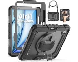 SEYMAC Hoes voor iPad Air 11-inch 7e/6e Generatie 2025/2024 M3/M2 - Zwaar Schokbestendige Hoes met Schermbeschermer, Pennenhouder, 360° Draaibare Standaard/Handriem en Schouderband - Zwart