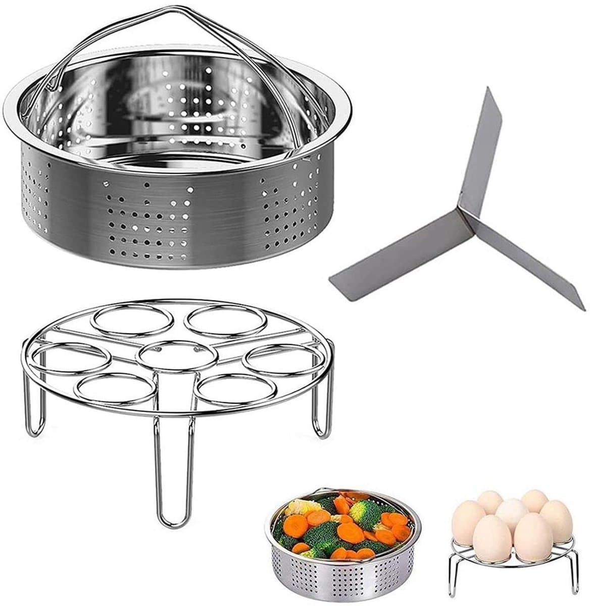 Driedelige accessoire set voor snelkookpan, inclusief roestvrijstalen stoommandje, eierstoommandje en stoomrekje. — afbeelding 1