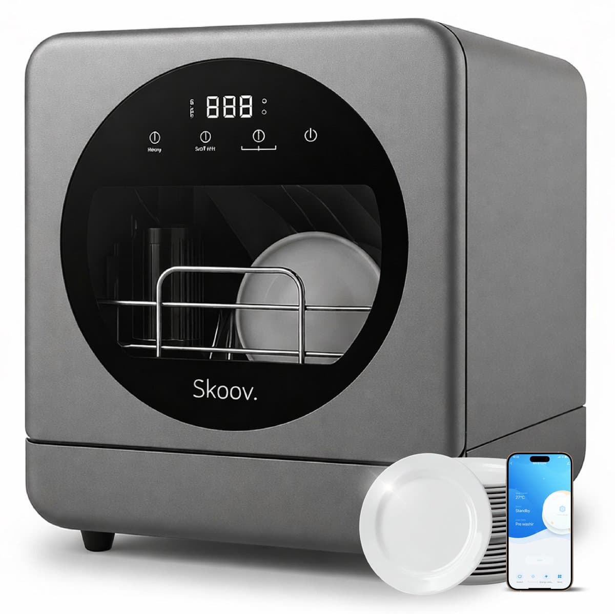 Skoov Mini Vaatwasser met waterreservoir - 3 couverts - 6 wasprogramma's - 45cm - Kleine smalle vrijstaande afwasmachine - Camping - Grijs — afbeelding 1