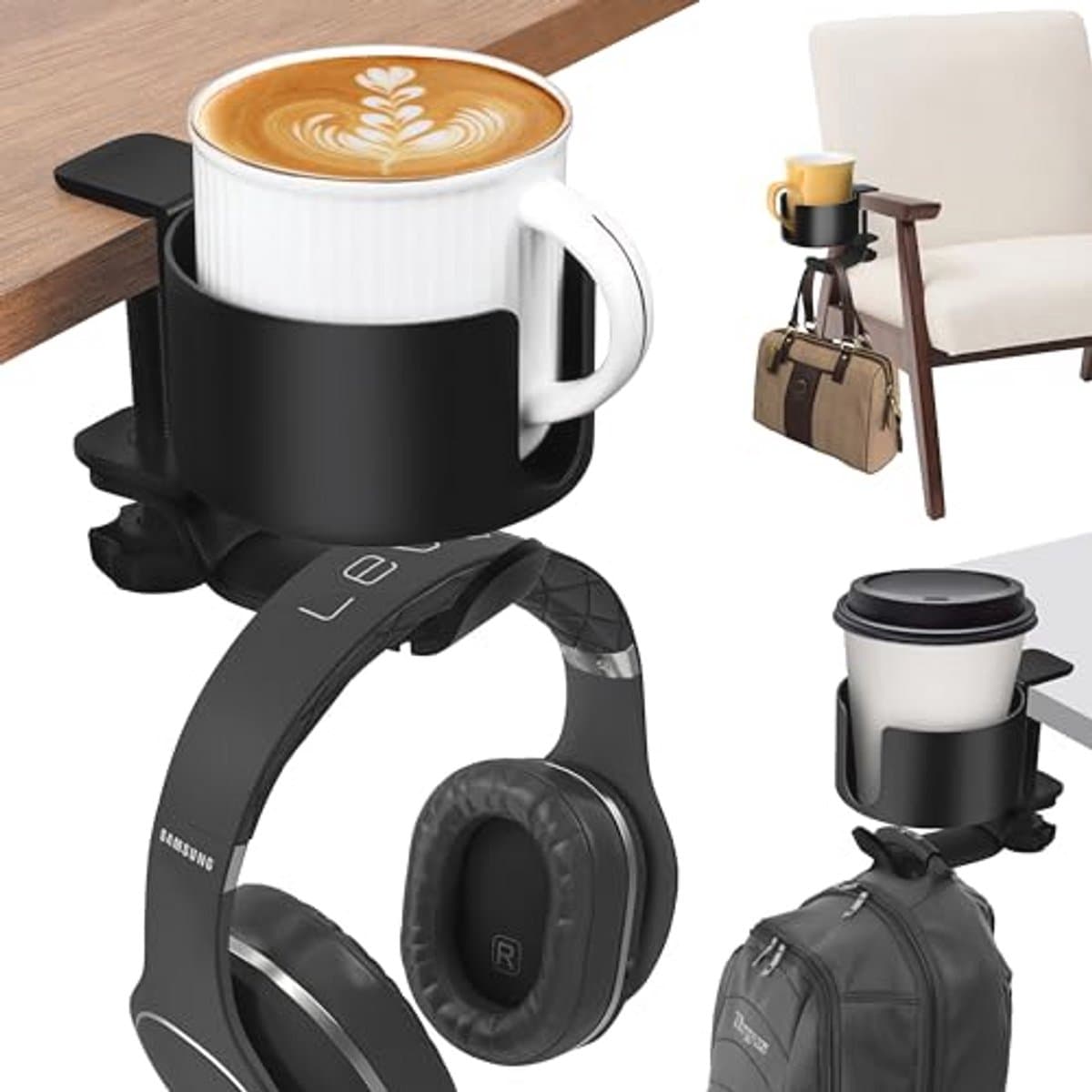2-in-1 Bekerhouder met Koptelefoon Hanger - Ruimtebesparende Kantoorspullen - Zware Kwaliteit Aluminium - Anti-knoei Desk Cup Holder — afbeelding 1