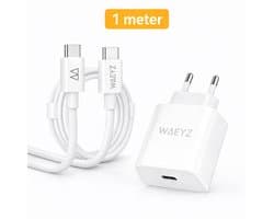 USB-C Adapter 20 Watt Oplader + 1 Meter Extra Dik 60 W USB-C Naar USB-C Kabel Oplaadsnoer Snellader SET Power Delivery (PD) Snellader / Fast Charger / Chargeur Rapide