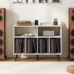 COSTWAY Draaitafel standaard 3-traps draaitafel kast met vinyl opbergplanken, opbergtafel voor vinylplaten, opberghouder voor woonkamer, muziekkamer (wit) — thumbnail 5