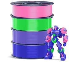 PETG-filament voor 3D-printers - 4 kg, 1,75 mm, 4 Rollen in Roze, Lavendelpaars, Blauw en Groen - Hoge Sterkte en Slagvastheid