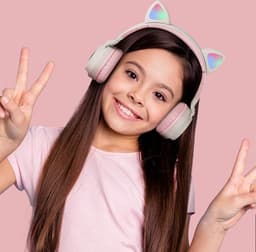 TDR- Draadloze Bluetooth koptelefoon - Over-Ear Koptelefoon voor Kinderen - Met Led Kat Oortjes - Bekend van TikTok -  roze grijs — thumbnail 7