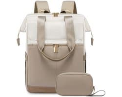 Sjtoer® Rugzak met tasje - Schooltas - Handbagage vliegtuig - Laptop - Beige creme - Laptoptas - 15.6 inch - Waterbestendig - Rugtas voor dames/meiden - Portemonnee - 2-delige set - Perfect Cadeau voor Valentijn - Vaderdag - Moederdag - Verjaardag