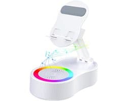 Mobiele telefoonhouder, 2025 verbeterde draadloze inductie-audio-Bluetooth-luidsprekerhouder met kleurrijk omgevingslicht, oplaadbaar voor noodgevallen, 360° opvouwbaar (wit)