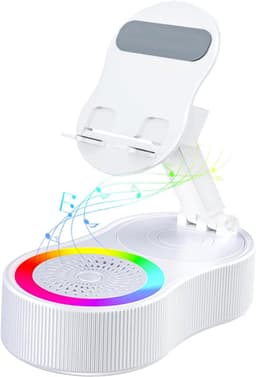 Mobiele telefoonhouder, 2025 verbeterde draadloze inductie-audio-Bluetooth-luidsprekerhouder met kleurrijk omgevingslicht, oplaadbaar voor noodgevallen, 360° opvouwbaar (wit) — thumbnail 1