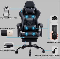 Delman Gaming Stoel met Massagefunctie – Ergonomische Bureaustoel met 6 Vibratiepunten, Hoofdkussen, Lendenkussen, Voetsteun en Zijvakken, Sterk Metalen Onderstel – Ideaal voor Kantoor & Studieruimte — thumbnail 3