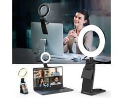 Upgrade Ringlicht voor Laptop - 5 inch videoconferentielamp - 3 kleuren & 10 helderheidsniveaus - Met statief en telefoonhouder - Voor Zoom/Teams/online lessen - 360° draaibaar