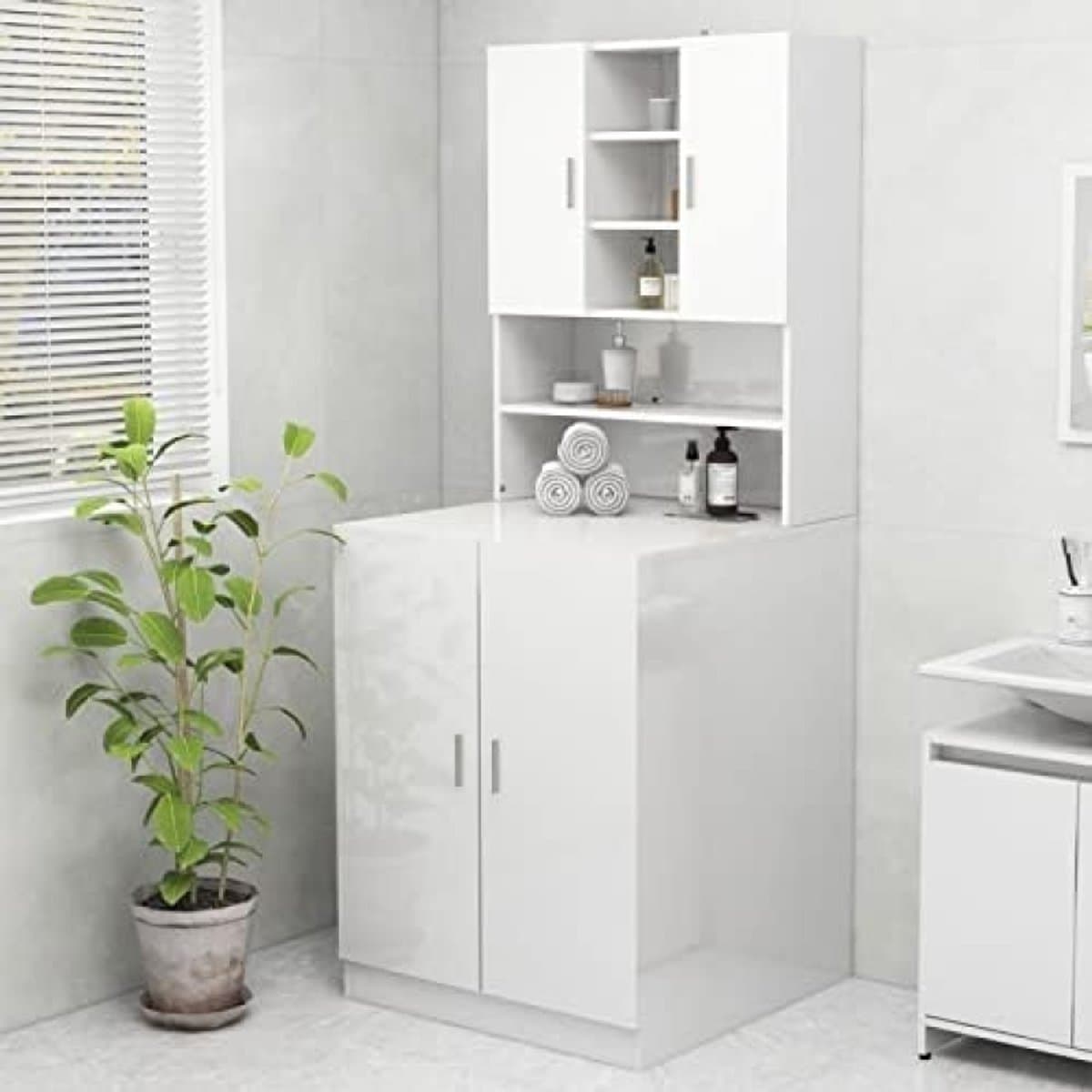 Wasmachinekast met opbergruimte - Badkamermeubel met 9 opbergvakken en 2 deuren - Hoge opbergkast voor wasmachine en toilet - Hoogglanzend wit — afbeelding 1