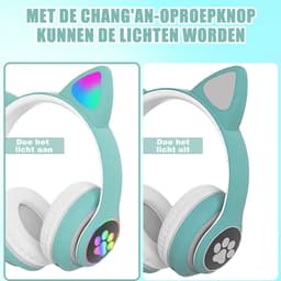 longziming Draadloze Kinder Koptelefoon – Cat Headphones met LED Oortjes – Bluetooth Hoofdtelefoon– Bluetooth 5.0 – Licht Groen – Met Verlichting – Opvouwbare opbergruimte – Groen en wit — thumbnail 2