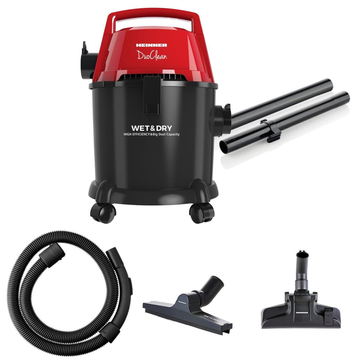 Heinner DuoClean Nat- en droogstofzuiger – Multifunctioneel – 1400 W – 15 L tank – 3 L zak – HEPA-filter – Blazingsfunctie – Zwart/Rood — afbeelding 1