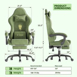 Soontrans Ergonomische Gamingstoel, Gamingstoel, Ademende Bureaustoel Gemaakt van Hoogwaardige Stof, Computerstoel Met Verstelbare Hoofdsteun en Lendenkussen, Armleuningen, Voetsteun, Race-PC-Stoel, Groen — thumbnail 4
