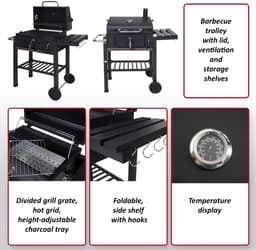 Barbecuetrolley MCW-K93, houtskool barbecue staander BBQ tuinbarbecue met deksel planken, staal, 110x100x51cm zwart — thumbnail 3
