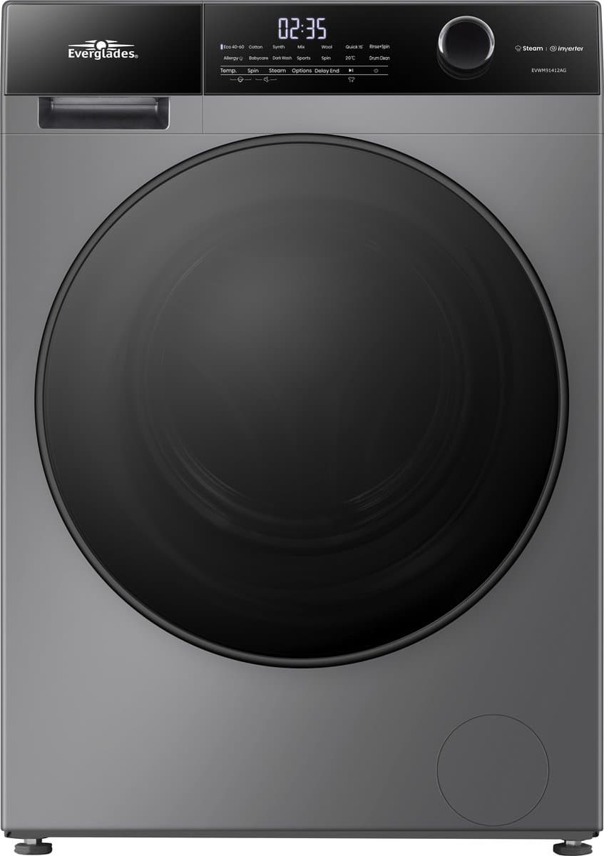 Everglades EVWM91412AG Zuinige Wasmachine - 9KG - A Klasse - Stoomfuncties/Allergie+ - Koolborstelloze Motor - Zeer Stil 72dB - Titanium Grijs - 5 Jaar Garantie — afbeelding 1