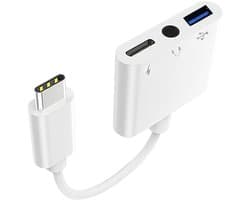 USB-C naar USB + 3,5mm jack AUX Female + USB-C adapter kabel - koptelefoon headset aansluiting - geschikt voor o.a. telefoon en laptop - wit