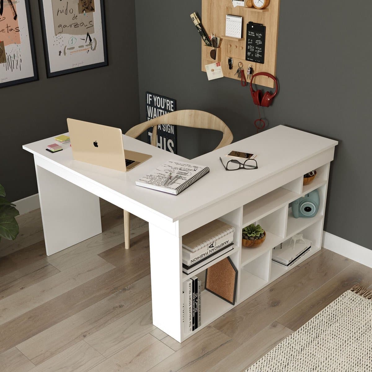 Vente-unique Hoekbureau met opbergruimte - Kleur: Wit - LILEUL — afbeelding 1
