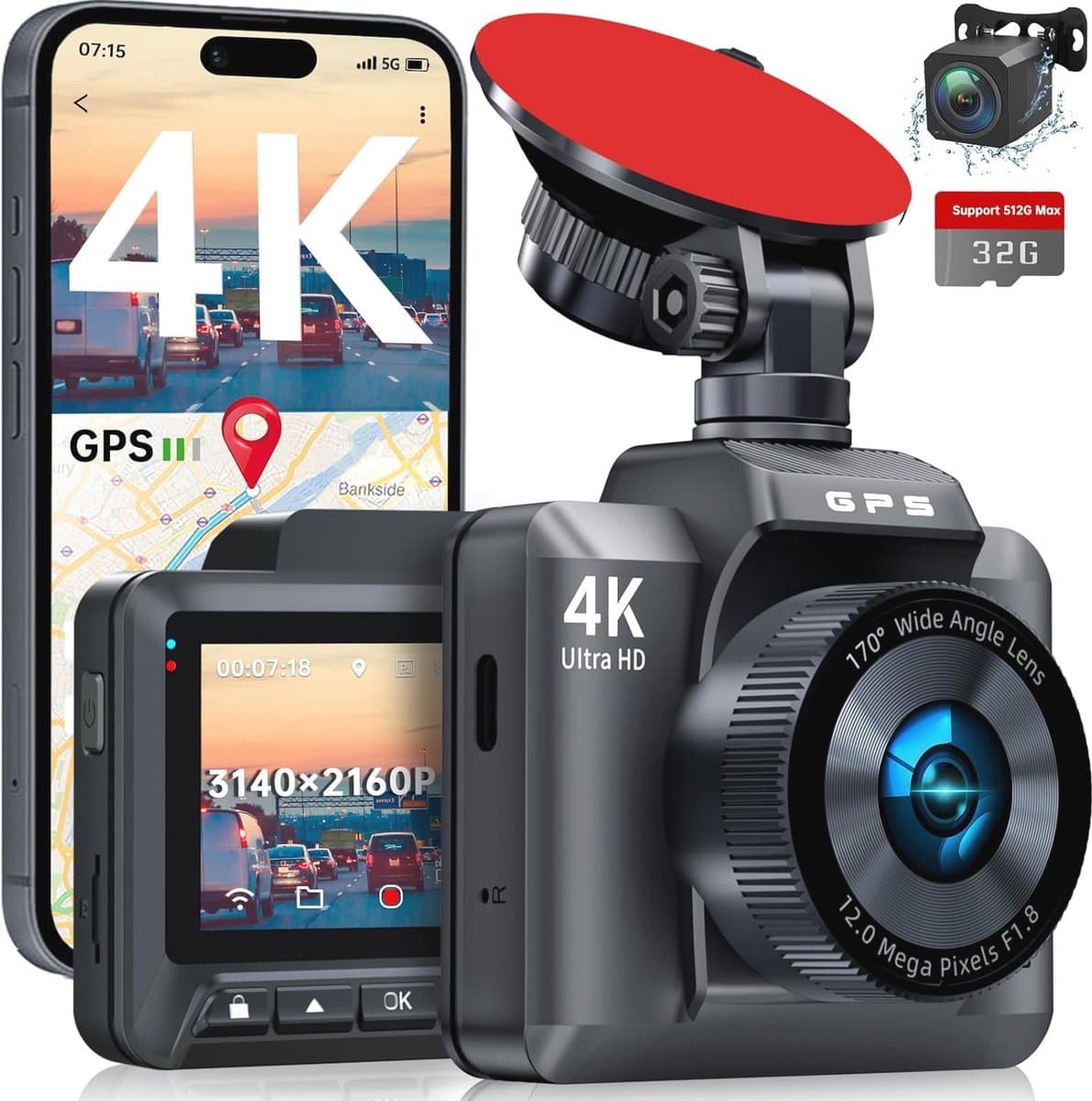 Dashcam 4K voor de auto met GPS, wifi en nachtzicht - Dual Lens, 32GB Kaart, Parkeerbewaking en G-sensor — afbeelding 1