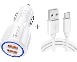 Autolader met 2X USB 3.0 Poort 30W Snellader + 1M USB-C kabel - Auto telefoon oplader - sigarettenaansteker - universeel - wit