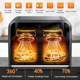 Uten Dubbele Airfryer - Hetelucht friteuse - Airfryer XXL - 2 x 4 liter - 8 Programma's - Dual cook functie - 4 Accesoires - 40 tot 200°C - 1700 watt - Grijs zwart — thumbnail 6