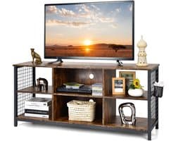 COSTWAY TV-kast, lowboard met open vakken en opbergmand, tv-rek voor televisie tot 65 inch, televisiekast voor woonkamer, slaapkamer, industrieel design, 140 x 40 x 63 cm