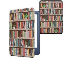 kwmobile e-reader hoesje geschikt voor Amazon Kindle (2022/2024) hoes - E reader flip case met magnetische sluiting - Ereader cover - Zomerse bibliotheek design in blauw / groen / roze