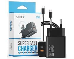Strex USB-C & USB-A Snellader 25W - GaN Oplader met PD 3.0 & QC 3.0 - Inclusief USB-C Kabel - Zwart